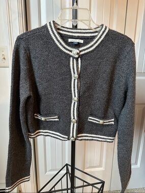 American Eagle Outfitters Charcoal and Cream Trim Cropped Cardigan